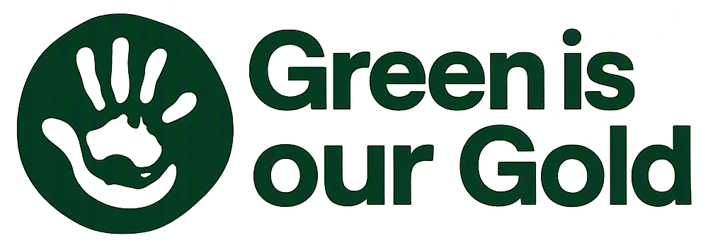 Green is our Gold logo featuring a green handprint with Australia’s outline inside the palm, symbolizing environmental sustainability