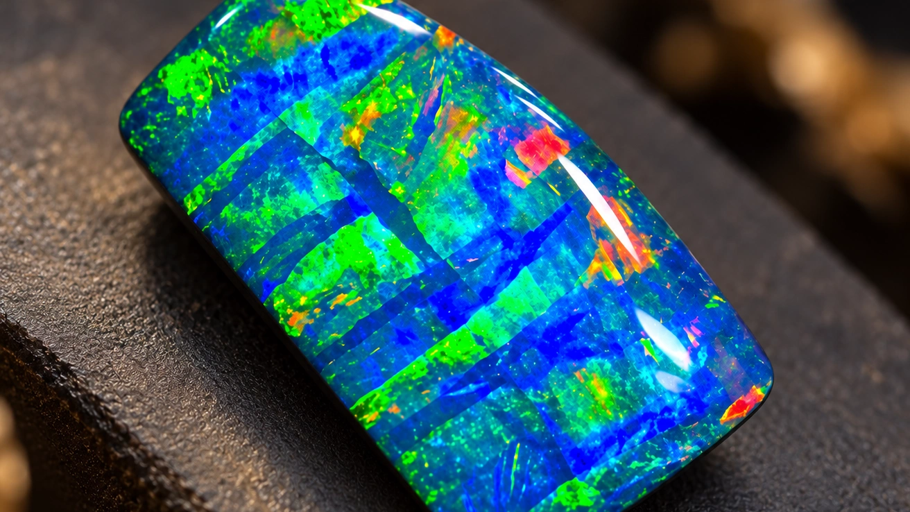 Queensland boulder opal displaying vivid blue, green and orange play-of-colour