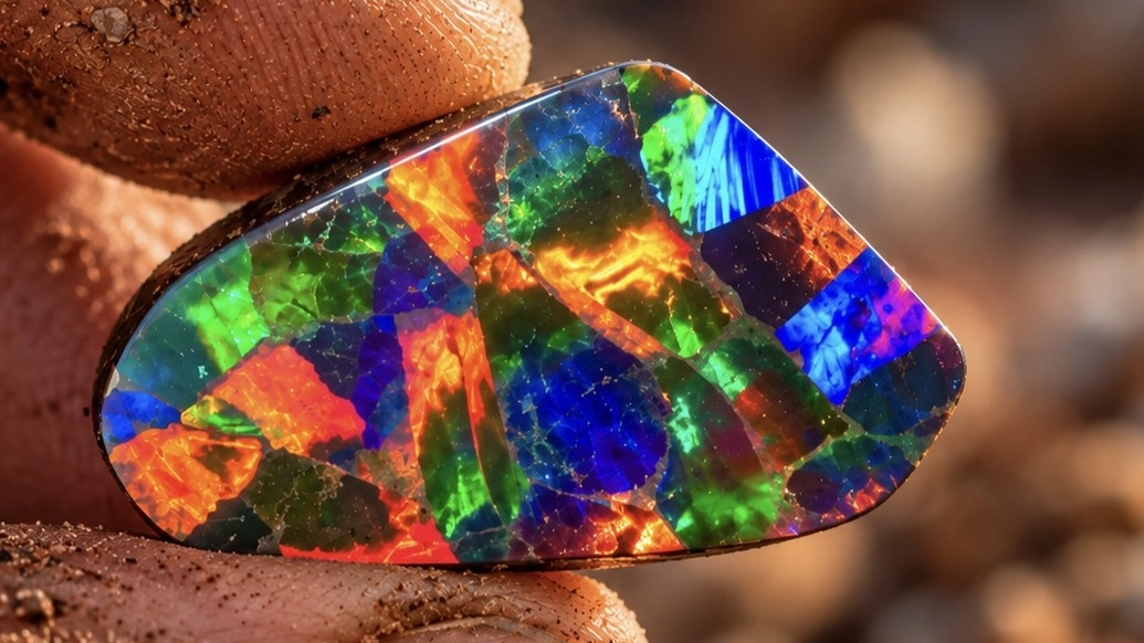 Gem-grade Australian black opal displaying intense blue, green, orange and red play-of-colour